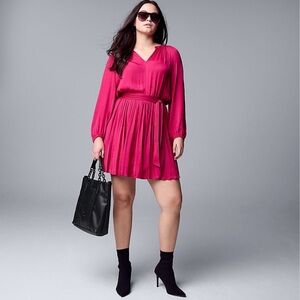 Simply Vera Vera Wang Fuchsia V-Neck Long Sleeve Tie Pleated Short Dress XXL NWT